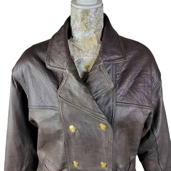 Braefair Vintage 80s Brown Leather Crested Gold Button Double Breasted Coat - Picture 4 of 16